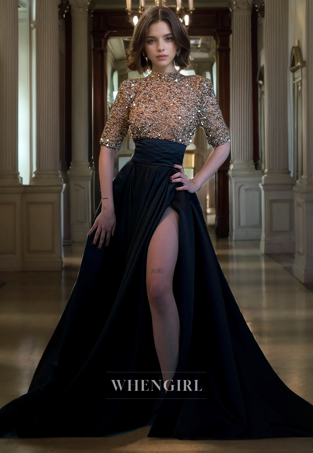 A-Line High Neck Half Sleeves Sequins Beaded Long Prom Dress with High Side Slit