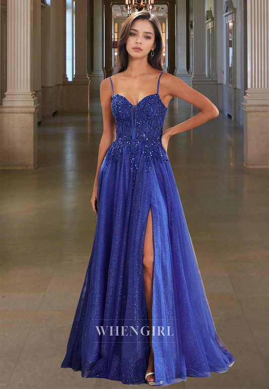 Stunning A-Line Sweetheart Straps Glitter Knit Side Slit Pleats Prom Dress with Appliques Evening Gowns