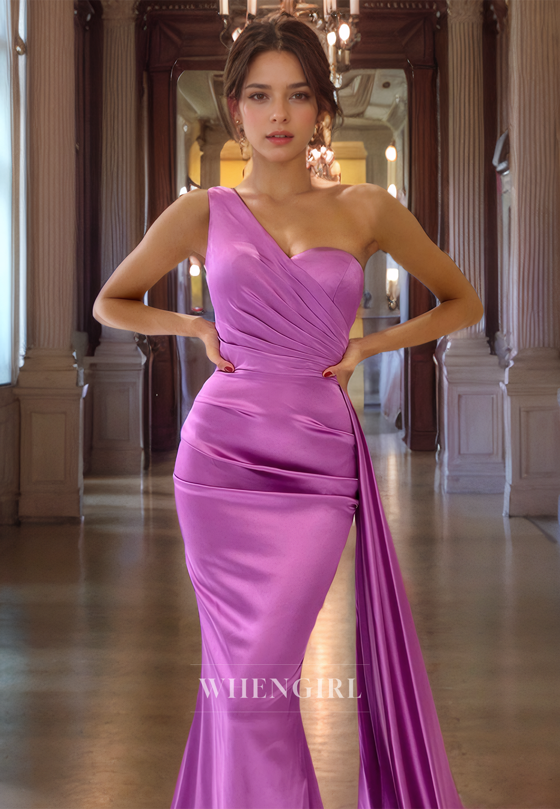 Mermaid One Shoulder Sleeveless Pleated Long Prom Dress with Train