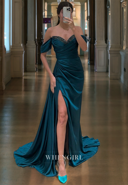 Sheath Off Shoulder Sleeveless Pleated Beaded Long Prom Dress with High Side Slit and Train