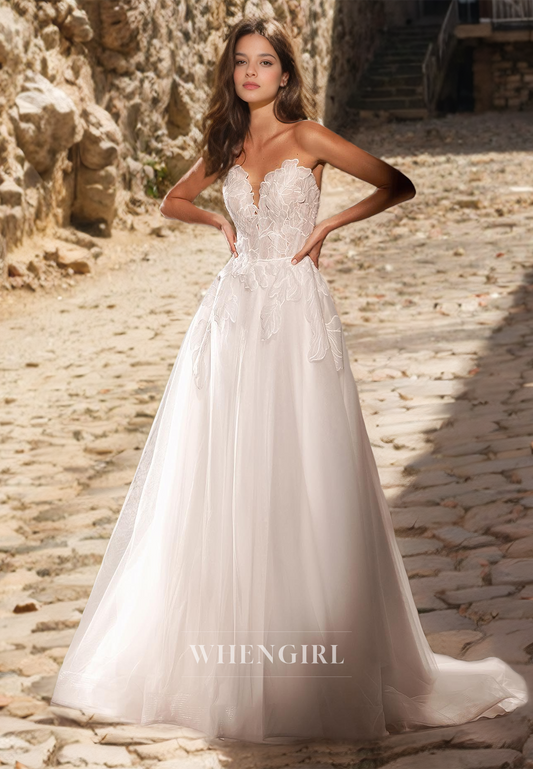 A-Line Strapless Sleeveless Appliques Tulle Wedding Dress with Train