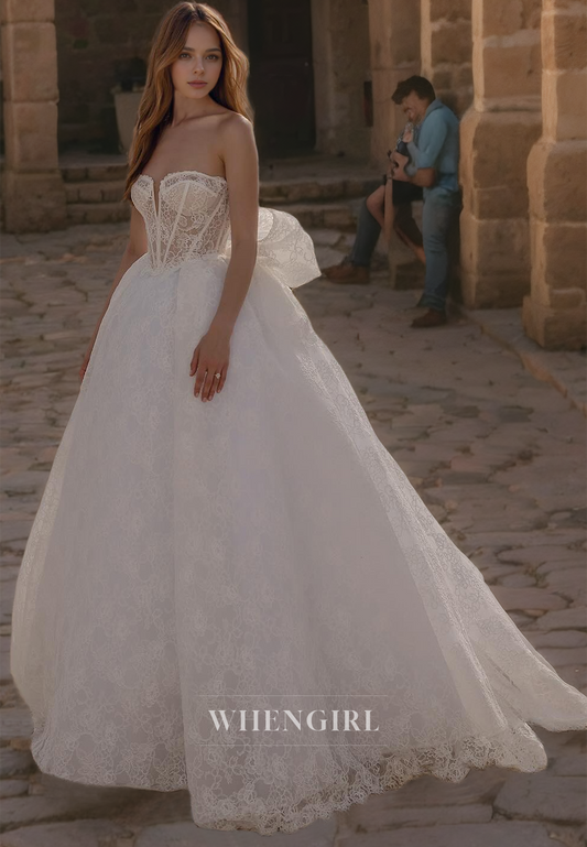 A-Line Strapless Sleeveless Fully Lace Wedding Dress with Train and Bow Knot