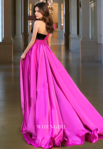 A-Line One Shoulder Sleeveless Pleated Lace Long Prom Dress with High Side Slit and Train