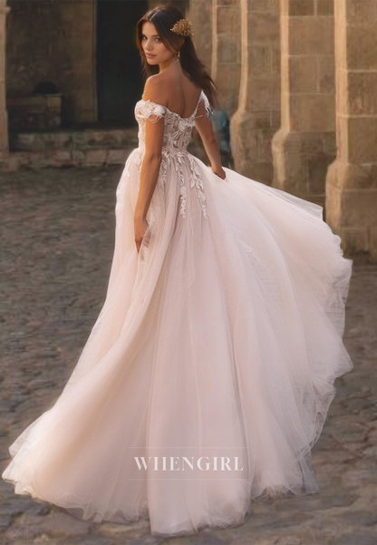 A-Line Off Shoulder Sleeveless Appliques Tulle Wedding Dress with High Side Slit and Train