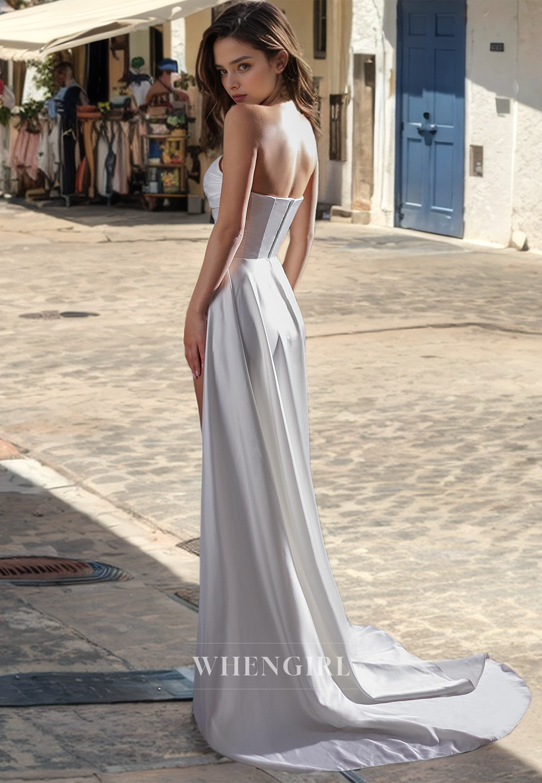 Sheath Strapless Sleeveless Pleated Back Zipper Wedding Dress with High Side Slit and Train
