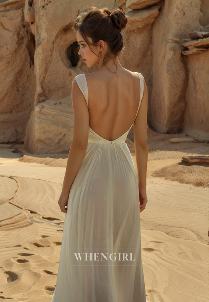 A-Line Strapless Straps Sleeveless Pltaed Open Back Wedding Dress with High Side Slit