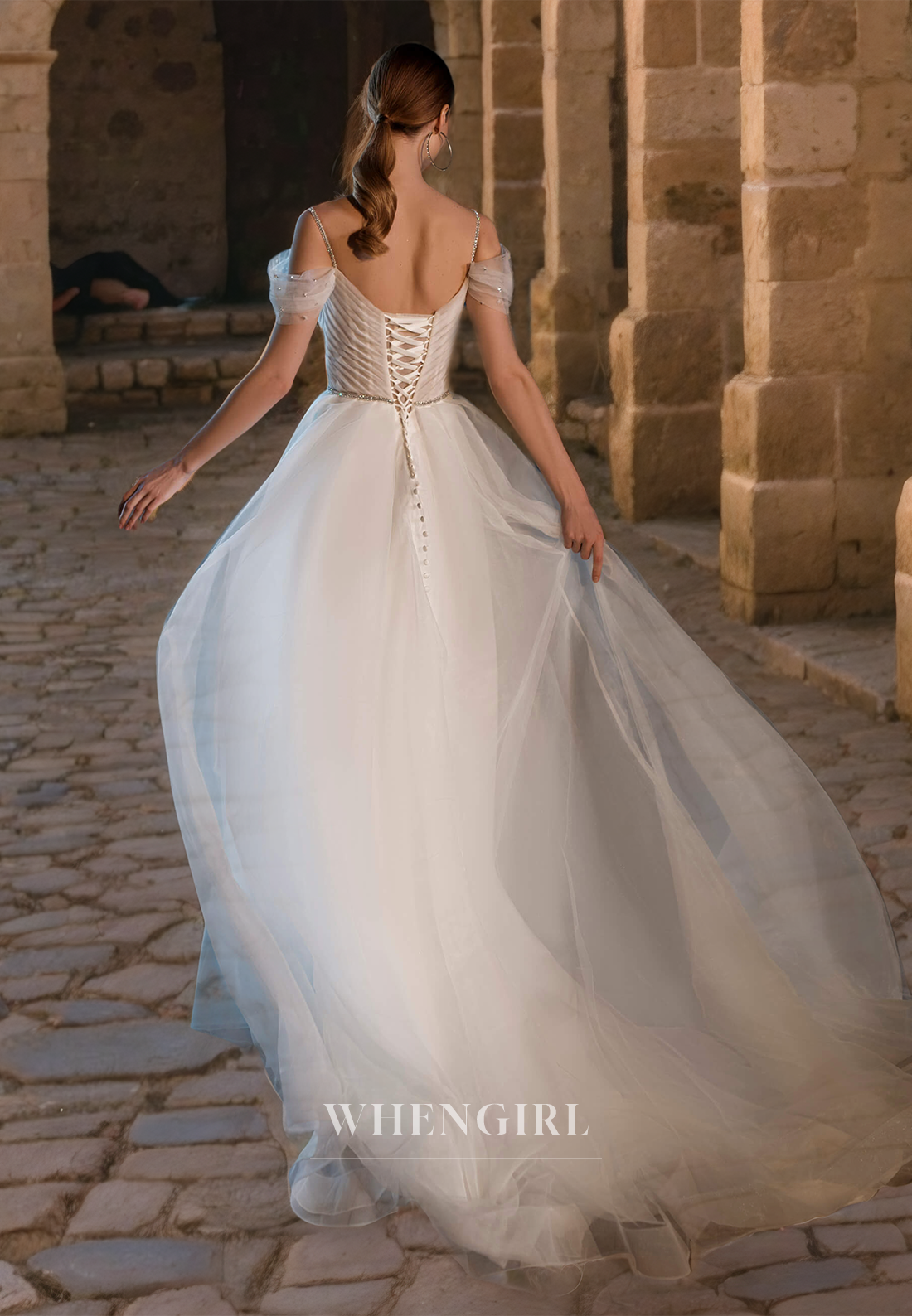 A-Line Off Shoulder Sleeveless Pleated Tulle Long Wedding Dress