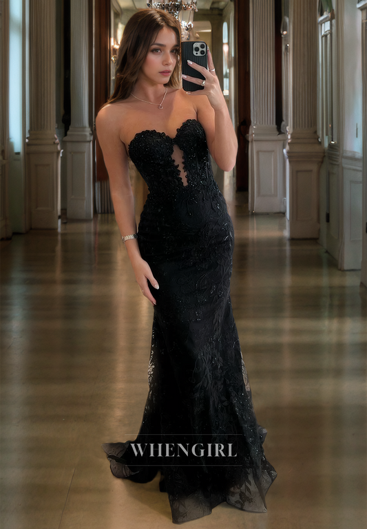 Sheath Strapless Sleeveless Fully Appliques Long Prom Dress with Train