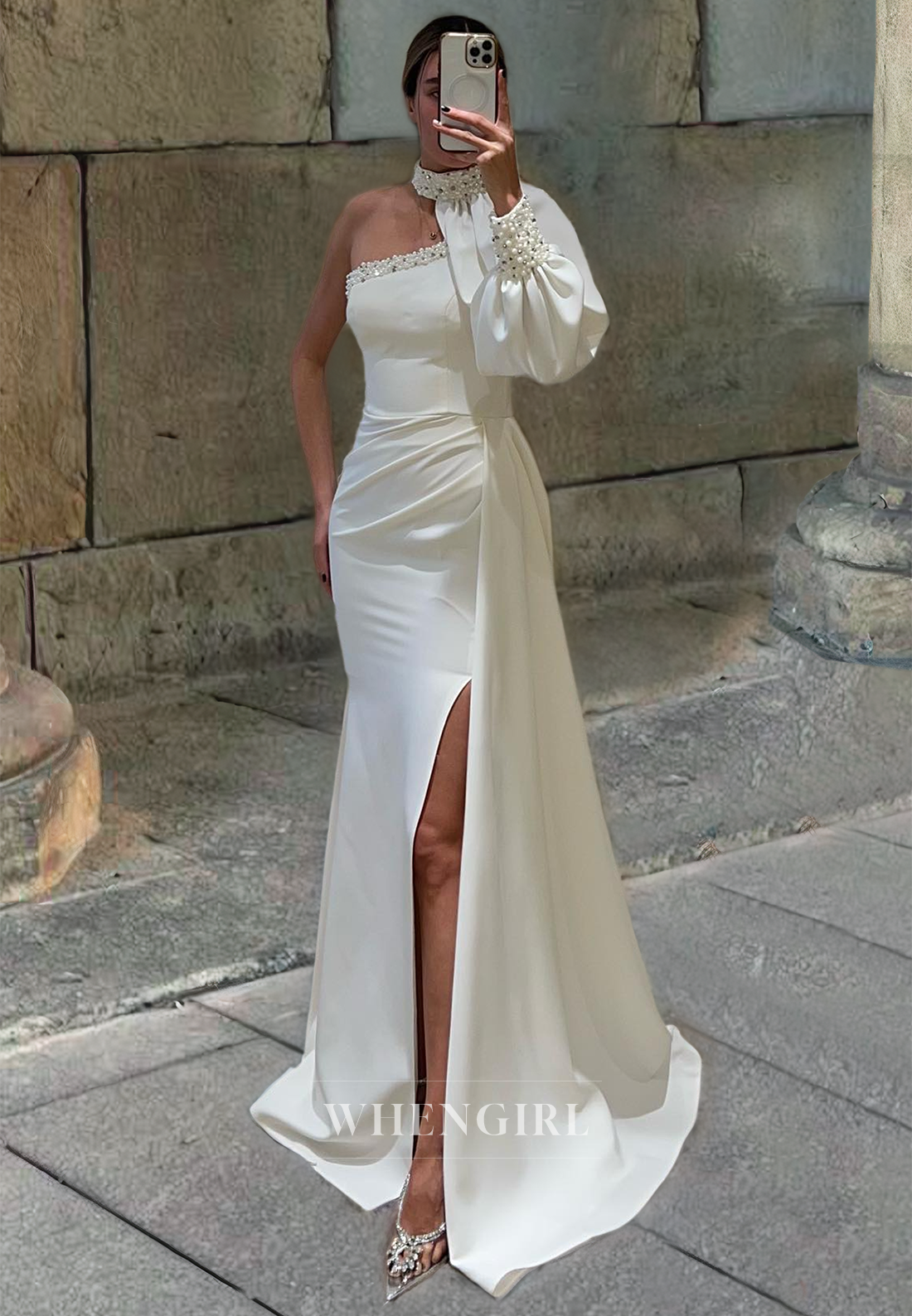 Sheath Halter Long Sleeves Beaded Long Prom Dress with High Side Slit and Train