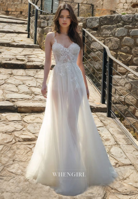 A-Line Sweetheart Spaghetti Straps Sweep Train Sheer Beads Lace Boho Wedding Dress with Appliques Beach Gowns
