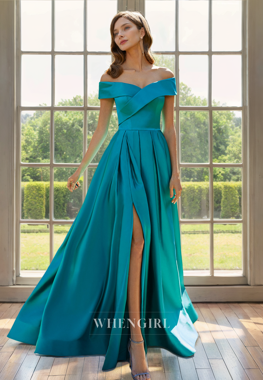 A-Line Off Shoulder Sleeveless Pleated Mother of Bride Dress with Slit