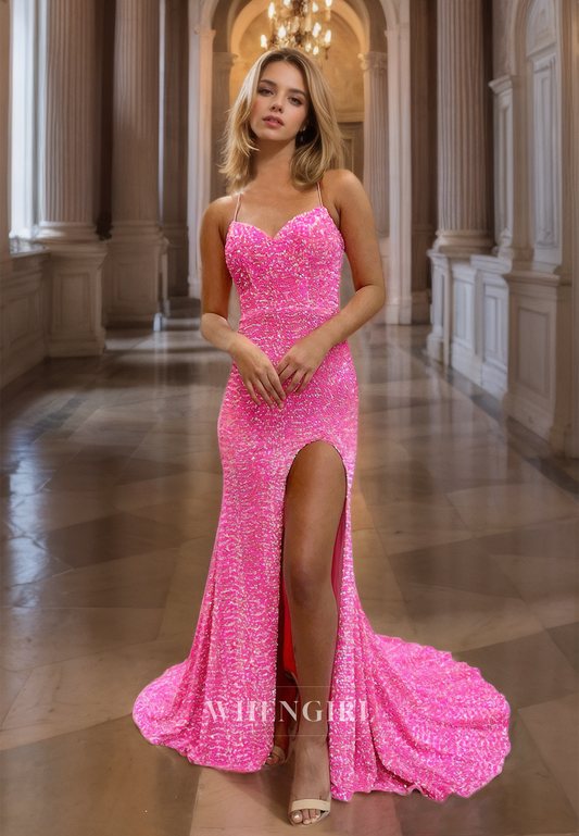 Sheath Strapless Straps Sleeveless Glitter Long Prom Dress with High Side Slit and Train