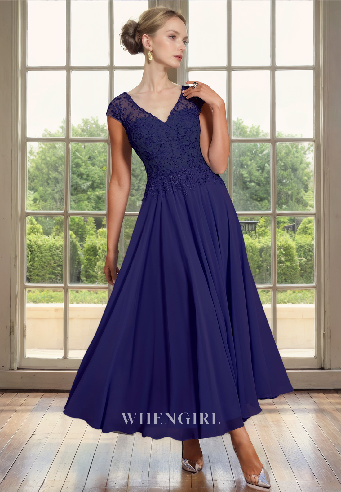 A-Line V Neck Short Cap Sleeves Lace Appliques Tea Length Mother of Bride Dress