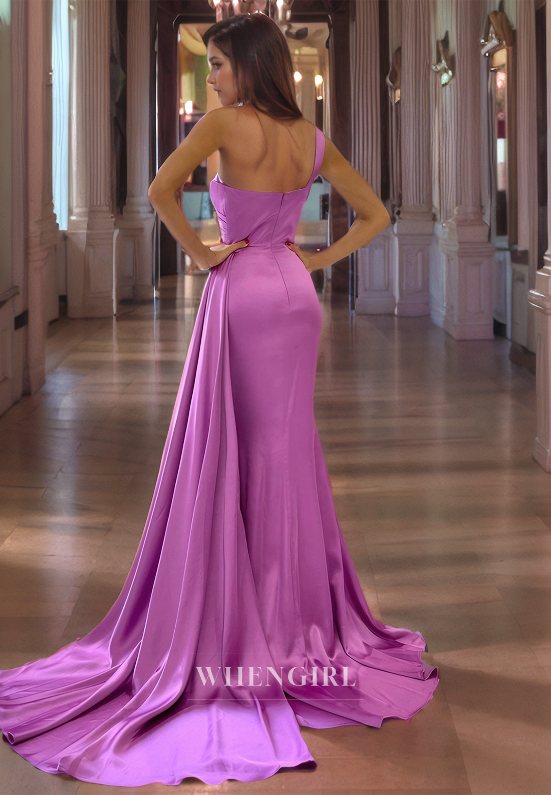 Mermaid One Shoulder Sleeveless Pleated Long Prom Dress with Train