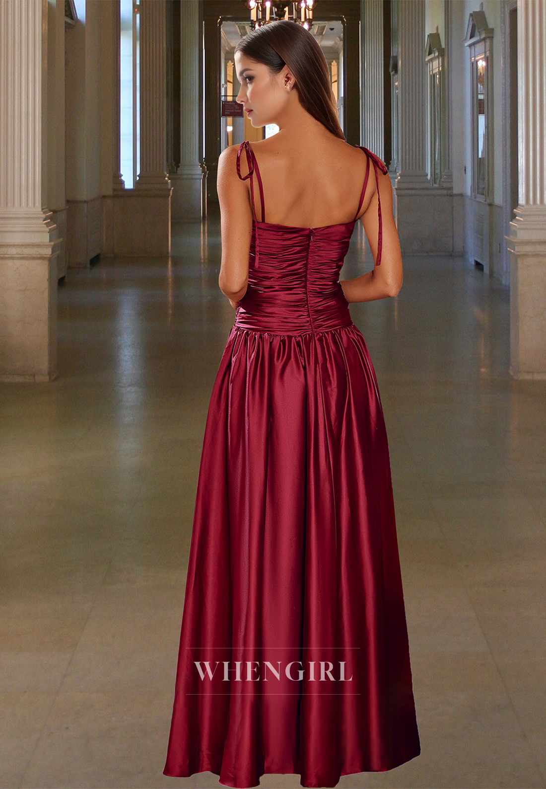 Tube Top A-Line Spaghetti Straps Ruched Satin Long Party Formal Dress with Bows
