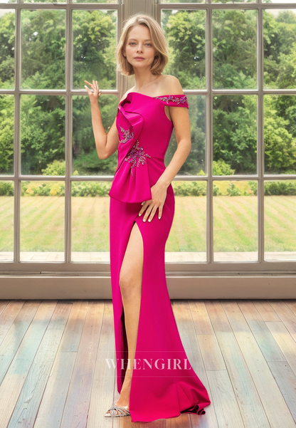 Classic&Timeless Off-Shoulder Sheath High Slit Train Satin Cocktail Dress with Beads Mother of the Bride