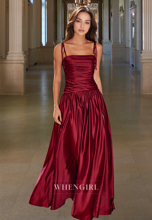 Tube Top A-Line Spaghetti Straps Ruched Satin Long Party Formal Dress with Bows