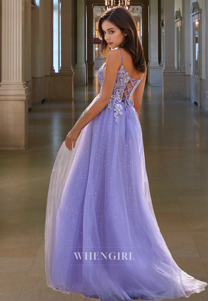 A-Line V-Neck Glitter Knit Party Dress Spaghetti Straps Appliques Evening Gowns with Slit