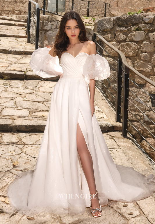 Sweetheart A-Line Puff Sleeves High Split Ruched Tulle Bridal Gowns with Sweep Train Wedding Dress