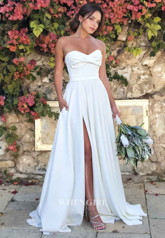 A-Line Strapless Sleeveless Pleated Long Wedding Dress with High Side Slit and Train