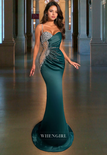 Sweetheart Mermaid Spaghetti Straps Sweep Train Pleated Satin Formal Gowns with Beads Prom Dress