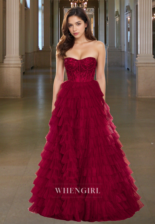 Elegant A-Line Sweetheart Sleeveless Tiered Lace Ball Gowns with Appliques Prom Dress