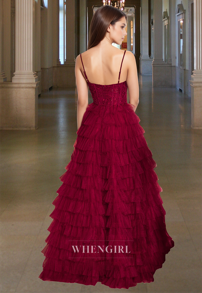 Elegant A-Line Sweetheart Sleeveless Tiered Lace Ball Gowns with Appliques Prom Dress