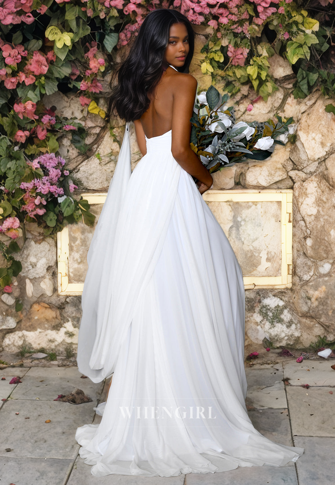 A-Line V Neck Halter Sleeveless Pleted Long Wedding Dress with High Side Slit and Train