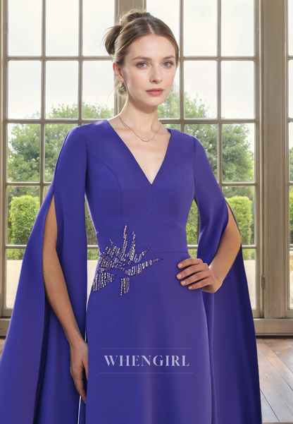 A-Line V Neck Sleeves Beaded Tea Length Mother of Bride Dress