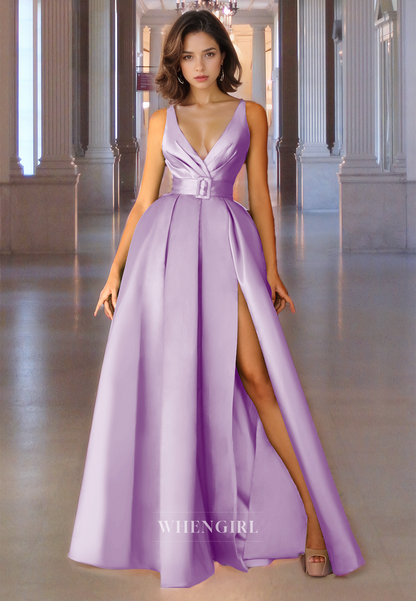 A-Line V-Neck Spaghettti Straps High Split Pleated Satin Floor-Length Prom Dress with Belt Party Dress