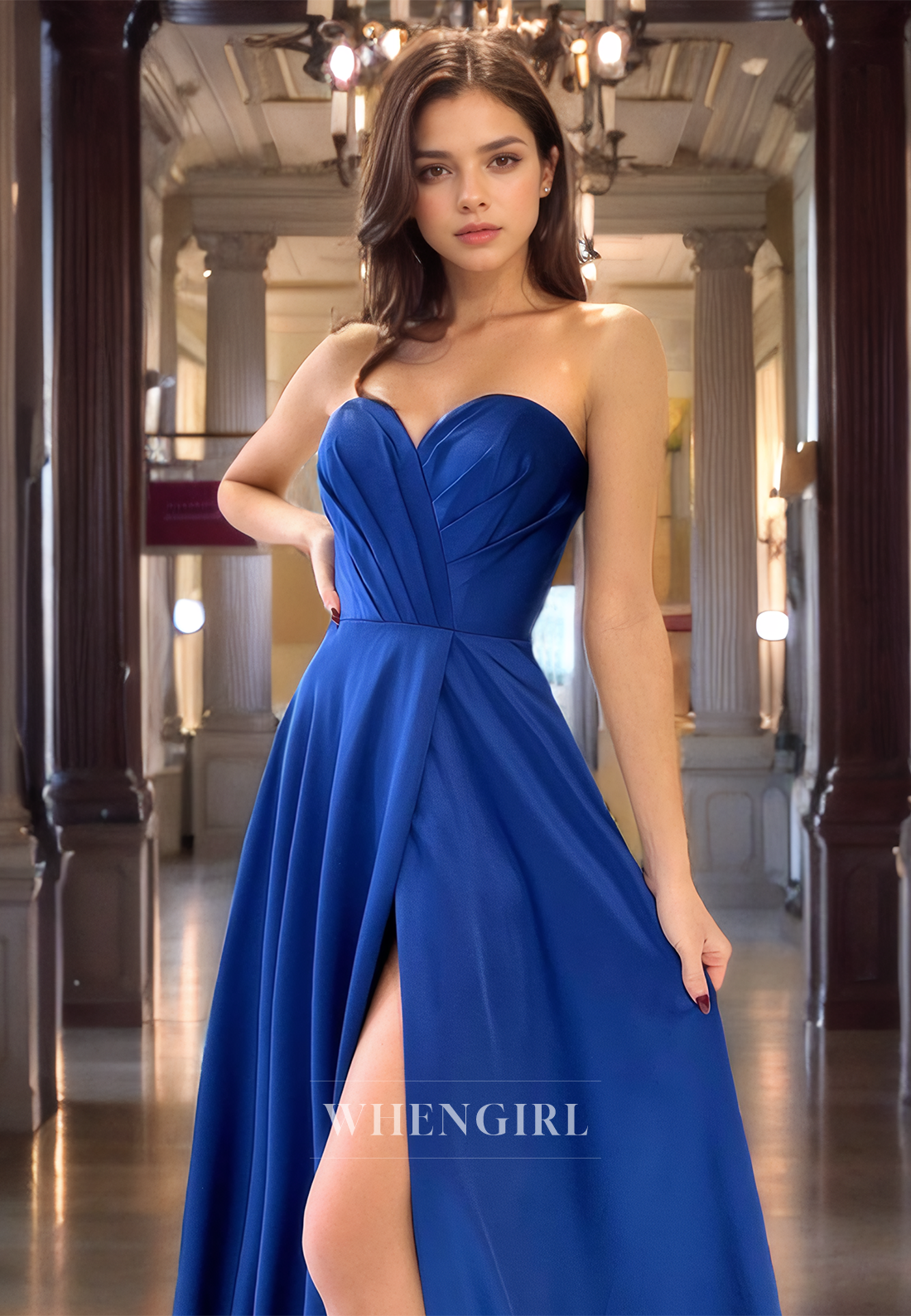 A-Line Strapless Sleeveless Pleated Long Prom Dress with High Side Slit and Train