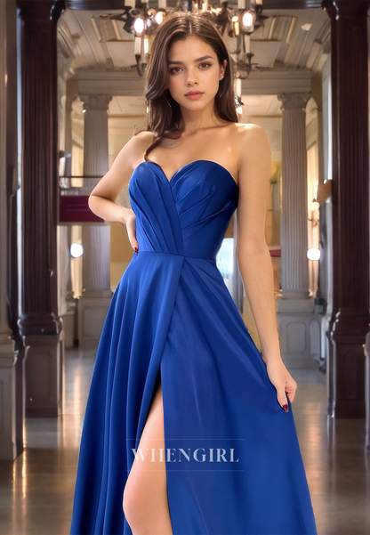 A-Line Strapless Sleeveless Pleated Long Prom Dress with High Side Slit and Train