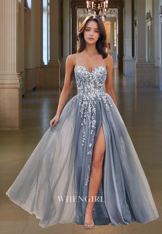 Sweetheart Spaghetti Straps Appliques Lace A-Line Prom Dress with Slit Party Gown