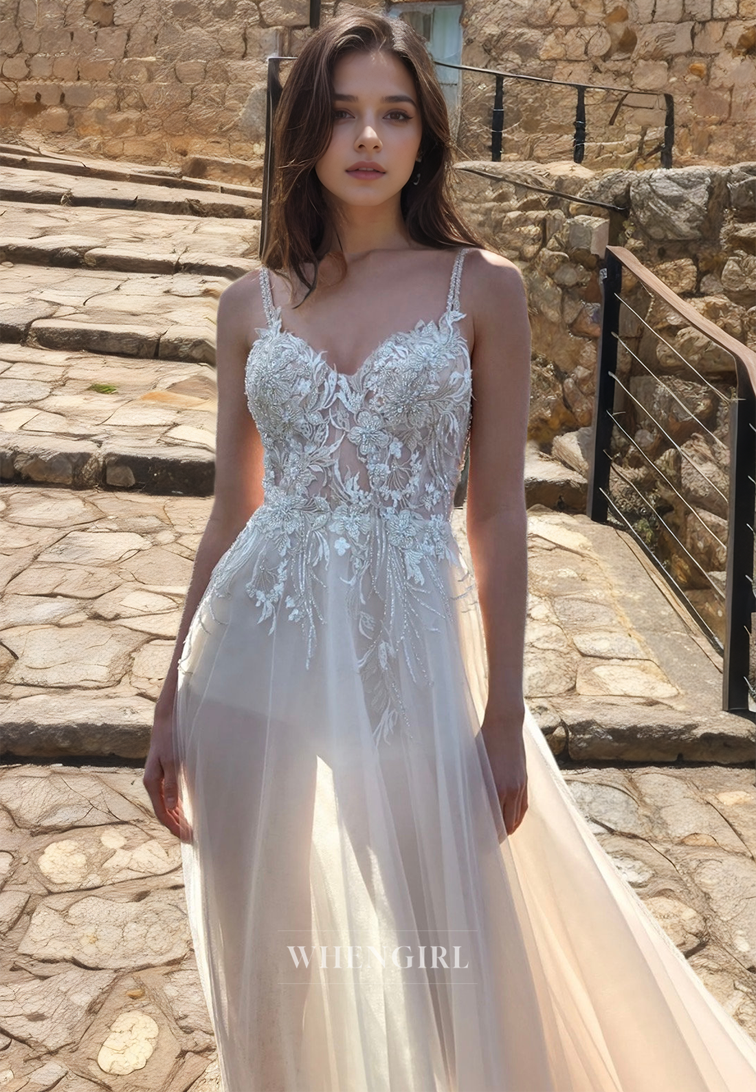 A-Line Sweetheart Spaghetti Straps Sweep Train Sheer Beads Lace Boho Wedding Dress with Appliques Beach Gowns