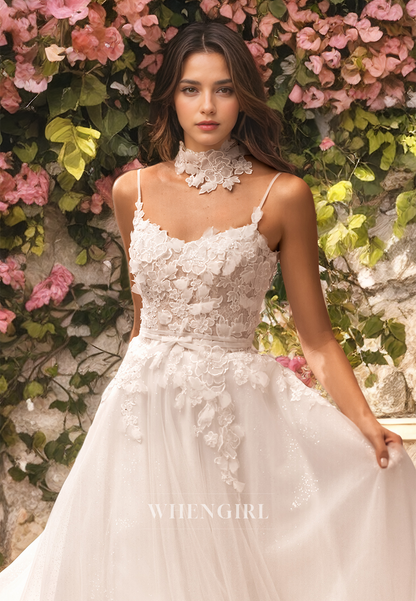 A-Line Strapless Straps Sleeveless Appliques Tulle Wedding Dress with Train