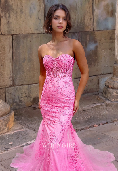 Mermaid Strapless Sleeveless Appliques Long Prom Dress with Train