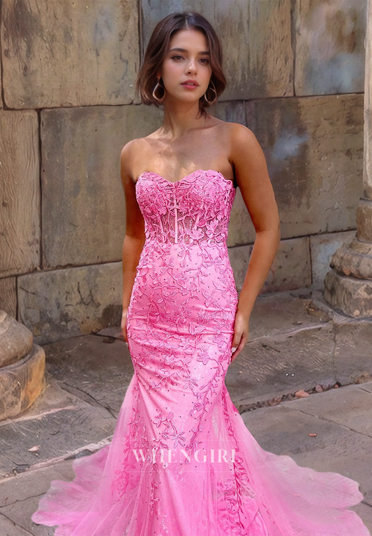 Mermaid Strapless Sleeveless Appliques Long Prom Dress with Train