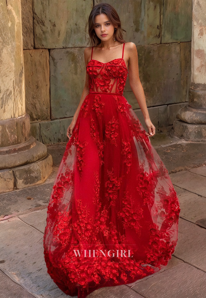 A-Line Strapless Straps Sleeveless Appliques Tulle Long Prom Dress with Train