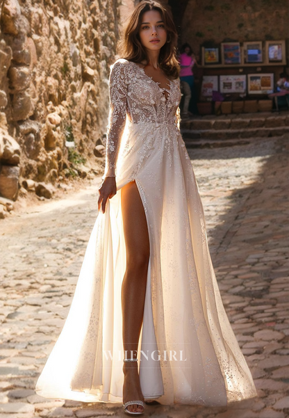 A-Line V Neck Long Sleeves Sequins Appliques Wedding Dress with High Side Slit and Train