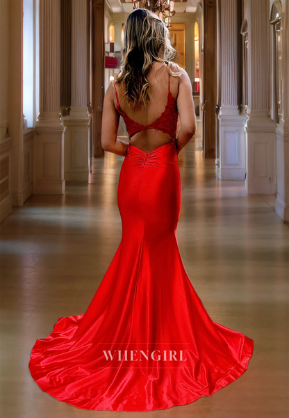 Mermaid V Neck Straps Sleeveless Appliques Beaded Long Prom Dress with Train