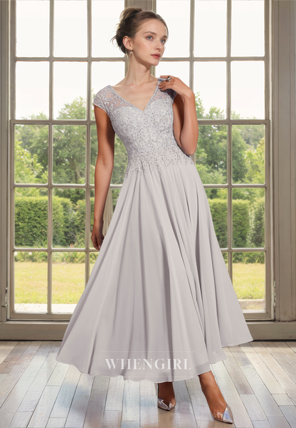 A-Line V Neck Short Cap Sleeves Lace Appliques Tea Length Mother of Bride Dress