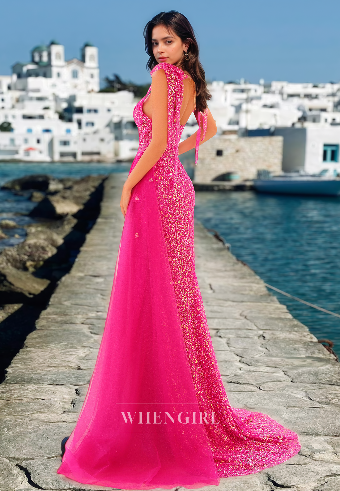 Glomaorous Sweetheart Sleeveless Stripe Train Sheath Sequins Lace Formal Prom Dress with Slit