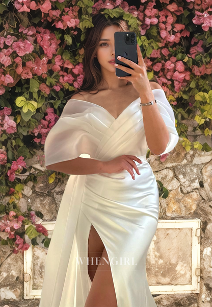 Sheath Off Shoulder Pleated Satin Wedding Dress with High Side Slit and Train