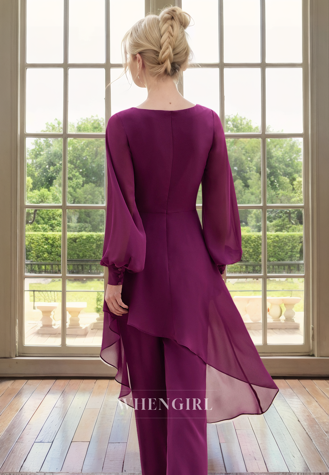 Jumpsuit V Neck Long Sleeves Plated Appliques Chiffon Mother of Bride Dress