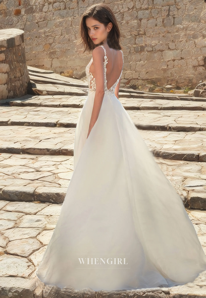 A-Line V-Neck Beach Wedding Dress Spaghetti Straps Slit Floor-Length Lace Boho Dress with Appiques