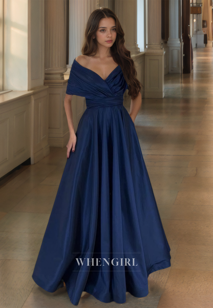 A-Line V-Neck Sleeveless Pleated Satin Long Prom Dress with Train Evening Dress