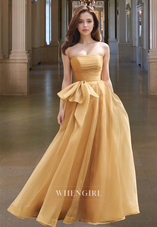 Elegant A-Line Tube Top Sleeveless Ruched Tulle Long Party Prom Dress with Bows
