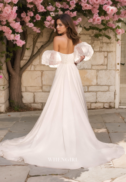 Sweetheart A-Line Puff Sleeves High Split Ruched Tulle Bridal Gowns with Sweep Train Wedding Dress