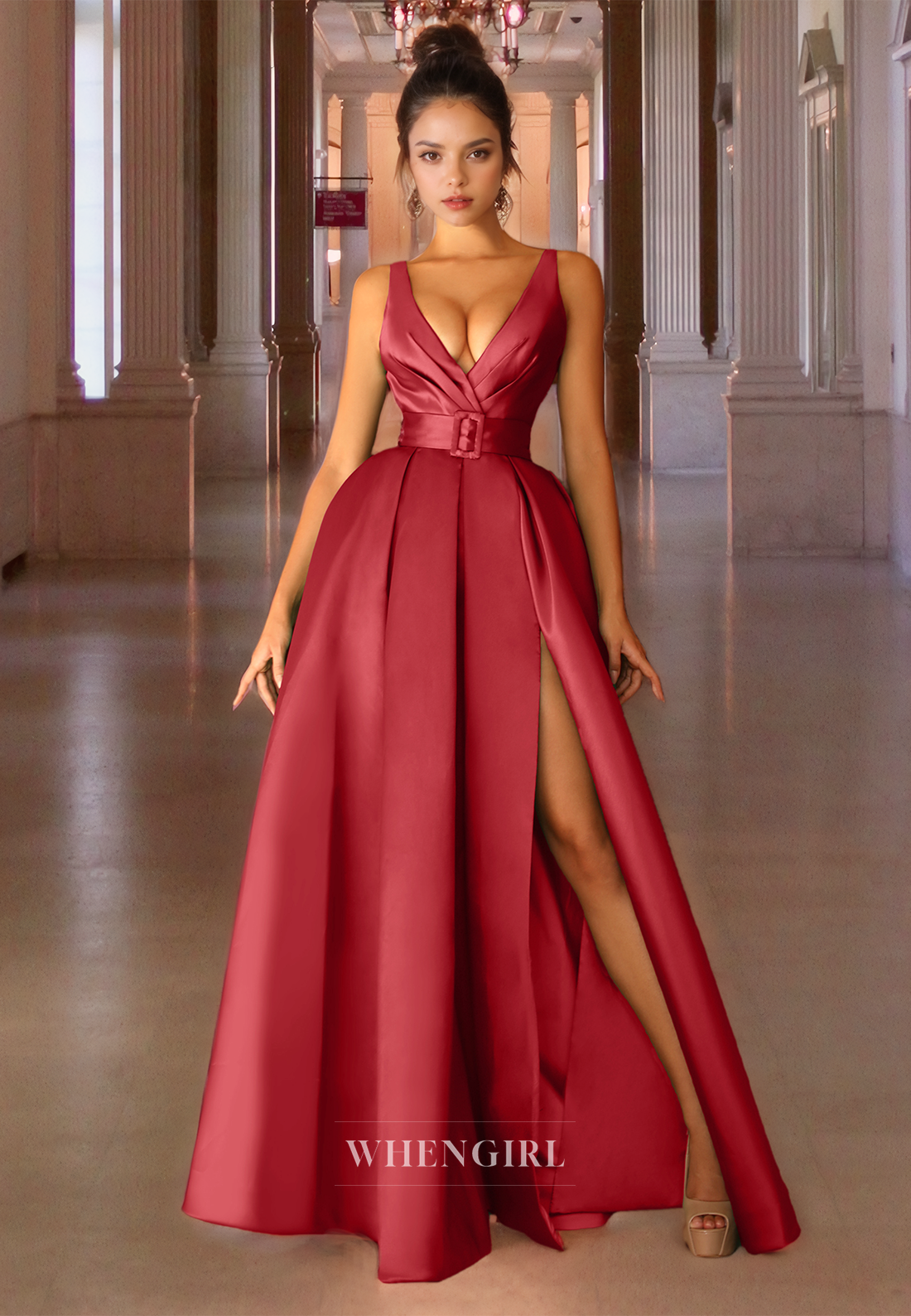 A-Line V-Neck Spaghettti Straps High Split Pleated Satin Floor-Length Prom Dress with Belt Party Dress