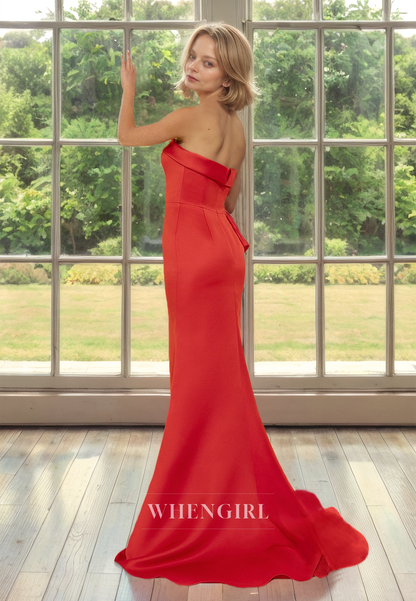 Casual&Simple Tube Top Sleeveless Mermaid Train Satin Mother of Bride Dress with Slit Cocktail Dress